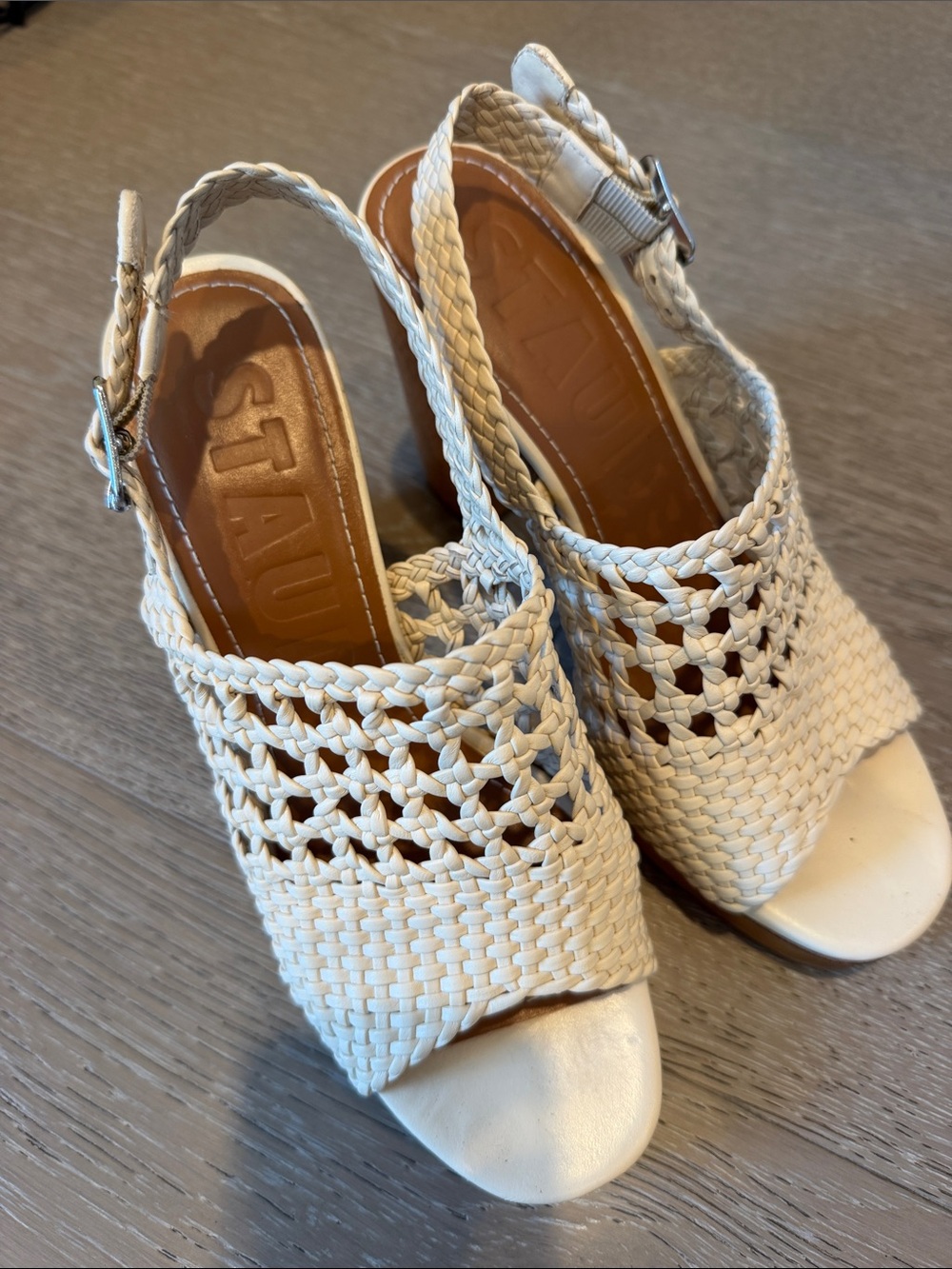 STAUD Cream Braided Peep-Toe Slingback Heels